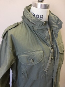 Mens, Casual Jacket, ROTHCO, Lt Olive Grn, Cotton, Solid, M, Slate Olive, Collar Attached W/hood Inside Zipper, 4 Pockets W/flap, Zip and Button Front, Epaulettes, Long Sleeves W/short Velcro Belt, Drawstring, Waist and Drawstring Hem with Elastic Back,