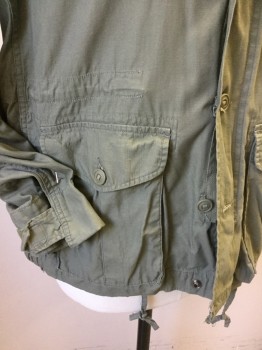 Mens, Casual Jacket, ROTHCO, Lt Olive Grn, Cotton, Solid, M, Slate Olive, Collar Attached W/hood Inside Zipper, 4 Pockets W/flap, Zip and Button Front, Epaulettes, Long Sleeves W/short Velcro Belt, Drawstring, Waist and Drawstring Hem with Elastic Back,