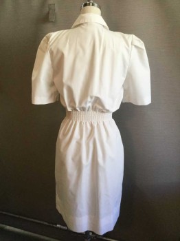 Womens, Nurses Dress, PEACHES UNIFORM, White, Poly/Cotton, Solid, 4, White, Notched Lapel, Double Breasted, Side Gathered Waist Band with White Flower Embroidery, 2 Side Pockets, Short Sleeve, 2" Gathered Elastic Waist Back