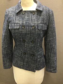Womens, Blazer, NL, Navy Blue, White, Black, Tweed, 6, Double Breasted, 6 Buttons, 2 Upper Front Pockets, 2 Lower Pockets