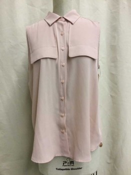 WORTHINGTON, Blush Pink, Polyester, Solid, Button Front, Collar Attached, Sleeveless, 2 Pocket Flaps  Faux