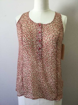 PINS & NEEDLES, Red, Lt Beige, Olive Green, Polyester, Novelty Pattern, Sheer Crepe Tank, Button Placket Center Front, Bow Print