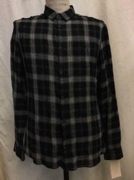 ALL SAINTS, Black, Taupe, Gray, Sage Green, Wool, Synthetic, Plaid, Black/taupe/gray/sage Plaid, Button Front, Collar Attached, Long Sleeves, 1 Pocket,