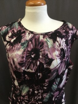 DONNA RICO, Dk Purple, White, Green, Black, Silk, Polyester, Floral, Scoopneck Pleated Sleevless