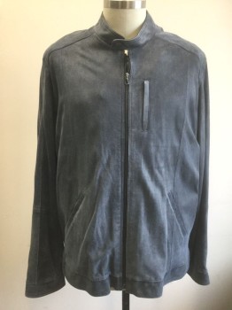 Mens, Leather Jacket, REMY, Gray, Suede, Solid, 2XLT, Zip Front, Stand Collar, 3 Welt Pockets, Black Lining