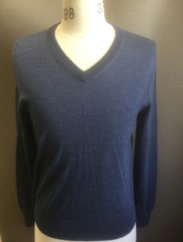 Mens, Pullover Sweater, BROOKS BROTHERS, Cornflower Blue, Wool, Solid, S, Knit, Long Sleeves, V-neck