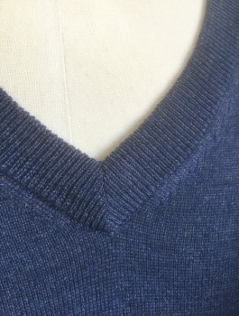 Mens, Pullover Sweater, BROOKS BROTHERS, Cornflower Blue, Wool, Solid, S, Knit, Long Sleeves, V-neck
