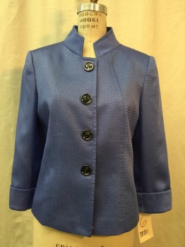 Womens, Blazer, TAHARI, Periwinkle Blue, Polyester, Rayon, Solid, 6, Snap Front with Faux Buttons, Stand Collar, Cuffed Long Sleeves, Loose Weave