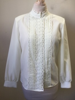 LAUREN LEE, White, Polyester, Solid, Band Collar with Eyelet Lace Detail, B.F., Hidden Eyelet Lace Placket, Tuck Pleats with Eyelet Lace Edge, L/S, Shoulder Pads