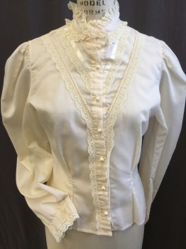 FOX 2, Beige, Cotton, Polyester, Solid, Poplin, Stand Collar with Cream Lace Trim, Small Puffy L/S with Lace Cuff Trim, Cream Satin Ribbon/ Lace/ Pearl Chevron Bib Front, B.F., Cream Pearl Btns