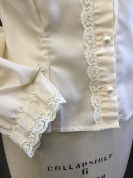 FOX 2, Beige, Cotton, Polyester, Solid, Poplin, Stand Collar with Cream Lace Trim, Small Puffy L/S with Lace Cuff Trim, Cream Satin Ribbon/ Lace/ Pearl Chevron Bib Front, B.F., Cream Pearl Btns