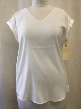 Womens, Top, EXPRESS, Ivory White, Polyester, Spandex, Solid, L, V-neck, Cuffed Cap Sleeve,