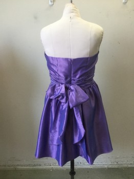 Womens, Cocktail Dress, CHRISTIES COLLECTION, Lavender Purple, Polyester, Solid, B40, XL, W32, Strapless, Shot Tafetta. Self Rushed Sash at Waist with Tie at Back, Self Floral Brooch at Left Front. Skirt Gathered to Waist