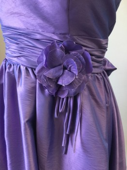 Womens, Cocktail Dress, CHRISTIES COLLECTION, Lavender Purple, Polyester, Solid, B40, XL, W32, Strapless, Shot Tafetta. Self Rushed Sash at Waist with Tie at Back, Self Floral Brooch at Left Front. Skirt Gathered to Waist