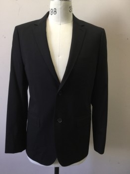 THEORY, Black, Wool, Elastane, Solid, Single Breasted, Collar Attached, Notched Lapel, 2 Buttons,  3 Pockets,