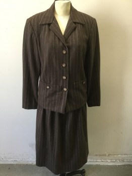 Womens, 1990s Vintage, Suit, Jacket, N/L, Brown, Wool, W:27, B:38, White Dashed Double Pinstripe, Single Breasted, Collar Attached, 4 Buttons, 2 Pockets at Hips with Button Closures, Heavily Padded Shoulders, Made To Order, Matronly Fit,
