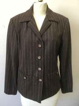 Womens, 1990s Vintage, Suit, Jacket, N/L, Brown, Wool, W:27, B:38, White Dashed Double Pinstripe, Single Breasted, Collar Attached, 4 Buttons, 2 Pockets at Hips with Button Closures, Heavily Padded Shoulders, Made To Order, Matronly Fit,