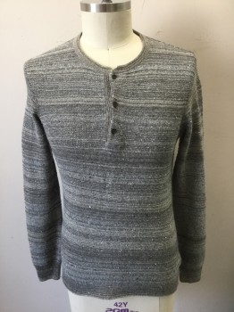 Mens, Pullover Sweater, BILLY REID, Gray, Lt Gray, Wool, Viscose, Speckled, L, Gray with Light Gray/White/Blue Specks, Horizontally Ribbed Knit, Long Sleeves, Henley Style with 3 Button Front