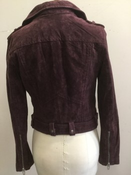 Womens, Leather Jacket, BLANK NYC , Plum Purple, Suede, Solid, S, Moto Style, Asymmetrical Zipper, Zip Pockets, Notched Lapel with Snaps, Belt with Silver Buckle, Epaulet, Zipers on Sleeves