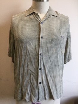 GILLIO, Taupe, Gray, Rayon, Acetate, Grid , Button Front, Collar Attached, Short Sleeves, 1 Pocket Buttoned, Bleach Stain on Pocket