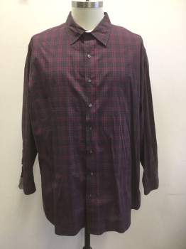 SYNERGY, Red Burgundy, Black, Cotton, Plaid-  Windowpane, Long Sleeve Button Front, Collar Attached