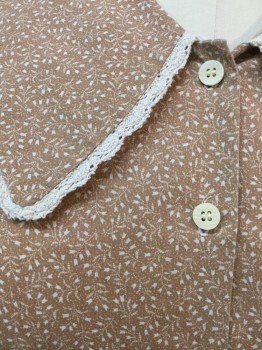 MTO, Lt Brown, Off White, Cotton, Polyester, Floral, Light Brown with Tiny Floral Print, Large Collar Attached, with Off White Scallop Crochet Trim, Button Front, Pleat Front & Back Cinched Waist, Long Sleeves,