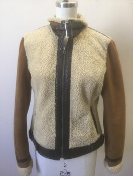 Womens, Casual Jacket, MEMBERS ONLY, Caramel Brown, Beige, Espresso Brown, Polyester, Solid, XS, Faux Shearling, Caramel Faux Suede Sleeves, Beige Plush Torso, Espresso Brown Accents, Zip Front, 2 Straps with Buckles at Neck, No Lining