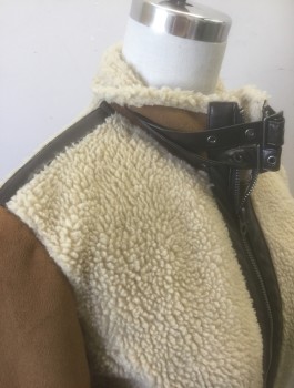 Womens, Casual Jacket, MEMBERS ONLY, Caramel Brown, Beige, Espresso Brown, Polyester, Solid, XS, Faux Shearling, Caramel Faux Suede Sleeves, Beige Plush Torso, Espresso Brown Accents, Zip Front, 2 Straps with Buckles at Neck, No Lining