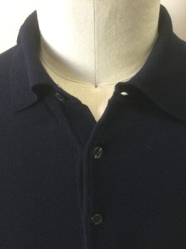 HARRY ROSEN, Navy Blue, Wool, Solid, Dark Navy, Knit, Polo Collar Attached, 3 Button Placket, Long Sleeves