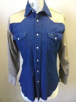 WRANGLER, Dk Blue, Khaki Brown, Cotton, Solid, Collar Attached, White Pearl Button Snap Front, Long Sleeves, Pocket Flaps, Khaki Shoulders and Sleeves, Dark Denim Body