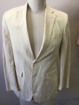 Mens, Suit, Jacket, MARCO ZANETTI, Butter Yellow, Linen, Solid, 42 R, Notched Lapel, 2 Button Front, Pocket Flap, Hand Stitched Lapel