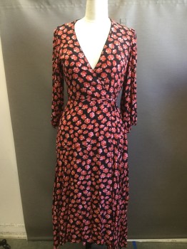 Womens, Dress, Long & 3/4 Sleeve, GANNI, Black, Coral Orange, Pink, Rayon, Floral, B:40, Cross Over V-neck, Wrap Dress, 3/4 Puffed Sleeves with Elastic ,