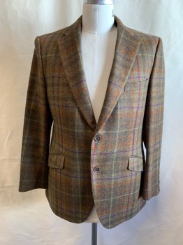 PAUL STUART, Olive Green, Brown, Magenta Purple, Orange, Purple, Wool, Tweed, Grid , Single Breasted, Collar Attached, Notched Lapel, 2 Buttons,  3 Pockets