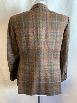 PAUL STUART, Olive Green, Brown, Magenta Purple, Orange, Purple, Wool, Tweed, Grid , Single Breasted, Collar Attached, Notched Lapel, 2 Buttons,  3 Pockets