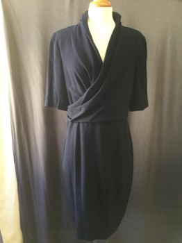 Womens, Cocktail Dress, LK BENNETT, Navy Blue, Rayon, Polyester, Solid, 10, Draped Pleated Cross Over Collar, Short Sleeves,  Back Zipper, 3 Button Back Neck