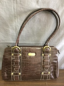 Womens, Purse, ROSETTI, Dk Brown, Patent Leather, Animal Print, Faux Croc, Zip Closure, Handles, Gold Hardware, Handle Into Faux Buckle, (see FC053675 for Matching Interior Bag)