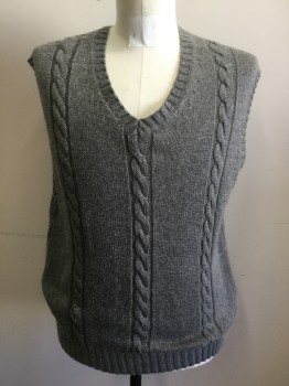 Mens, Sweater Vest, AMERICAN LIVING, Gray, Acrylic, Cotton, Solid, Cable Knit, M, Ribbed Knit V-neck/Armhole/Waistband
