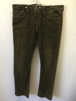 Mens, Casual Pants, VINCE, Brown, Cotton, Lycra, Solid, 36/33, Corduroy, Flat Front, Jean Style 5 Pockets, Zip Fly, Belt Loops
