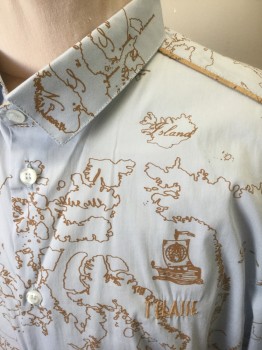 T'CLASSE, Lt Blue, Caramel Brown, Cotton, Nylon, Novelty Pattern, Light Blue with Caramel Brown Old Timey Map of the World Pattern, Long Sleeve Button Front, Collar Attached, Caramel Brown Piping at Shoulder Seams and Cuffs