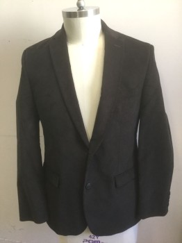 BAR III, Espresso Brown, Cotton, Spandex, Solid, Corduroy, Single Breasted, Notched Lapel, 2 Buttons, 3 Pockets, Slim Fit, Lining is Gray with Self Deer Head with Antlers