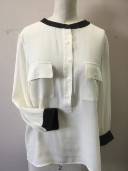 AQUA, Ivory White, Black, Polyester, Color Blocking, 3/4 Sleeves, Pullover, 5 Buttons, 2 Pockets with Flaps