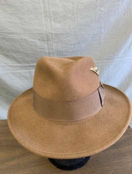 Mens, Fedora, GOLDEN GATE HAT CO, Brown, Wool, Solid, 7 1/2, L, Felt with Grosgrain Brim, Tan and Red Feather Detail, Retro Reproduction 40's/50's