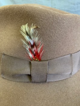 GOLDEN GATE HAT CO, Brown, Wool, Solid, Felt with Grosgrain Brim, Tan and Red Feather Detail, Retro Reproduction 40's/50's