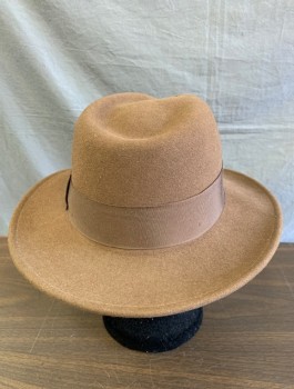 Mens, Fedora, GOLDEN GATE HAT CO, Brown, Wool, Solid, 7 1/2, L, Felt with Grosgrain Brim, Tan and Red Feather Detail, Retro Reproduction 40's/50's