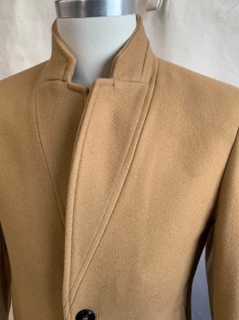 Mens, Coat, Overcoat, ZARA, Camel Brown, Wool, Polyamide, Solid, S, B 36, Single Breasted, Band Collar Attached to Notched Lapel, 2 Pockets, 2 Buttons,  Long Sleeves