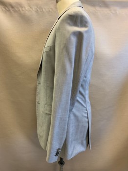 BOSS, Gray, Wool, Solid, Slim Fit Single Breasted, 2 Buttons,  3 Pockets, Top Stitch,