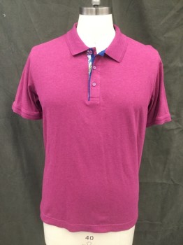 ROBERT GRAHAM , Magenta Purple, Cotton, Heathered, 3 Button Placket, Dotted Ribbed Knit Collar Attached, Short Sleeves, Dotted Ribbed Knit Cuff