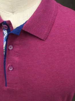 ROBERT GRAHAM , Magenta Purple, Cotton, Heathered, 3 Button Placket, Dotted Ribbed Knit Collar Attached, Short Sleeves, Dotted Ribbed Knit Cuff