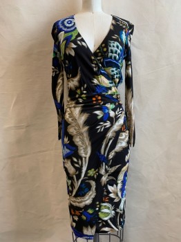 Womens, Cocktail Dress, ROBERT CAVALLI, Black, White, Multi-color, Viscose, Floral, W 23, B 32, 2, Faux Wrap Style, V-neck, Gathered Waist with Gold Metal Dragon Detail, Long Sleeves,