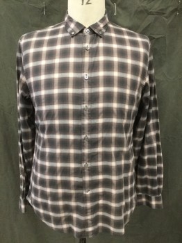 JOHN VARVATOS, Brown, Lt Pink, Gray, White, Cotton, Plaid, Button Front, Collar Attached, Long Sleeves, Button Cuff